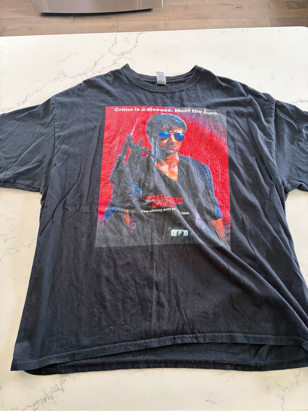 Black Sylvester Stallone Graphic T-Shirt with Red Action Print - Men’s 2XL